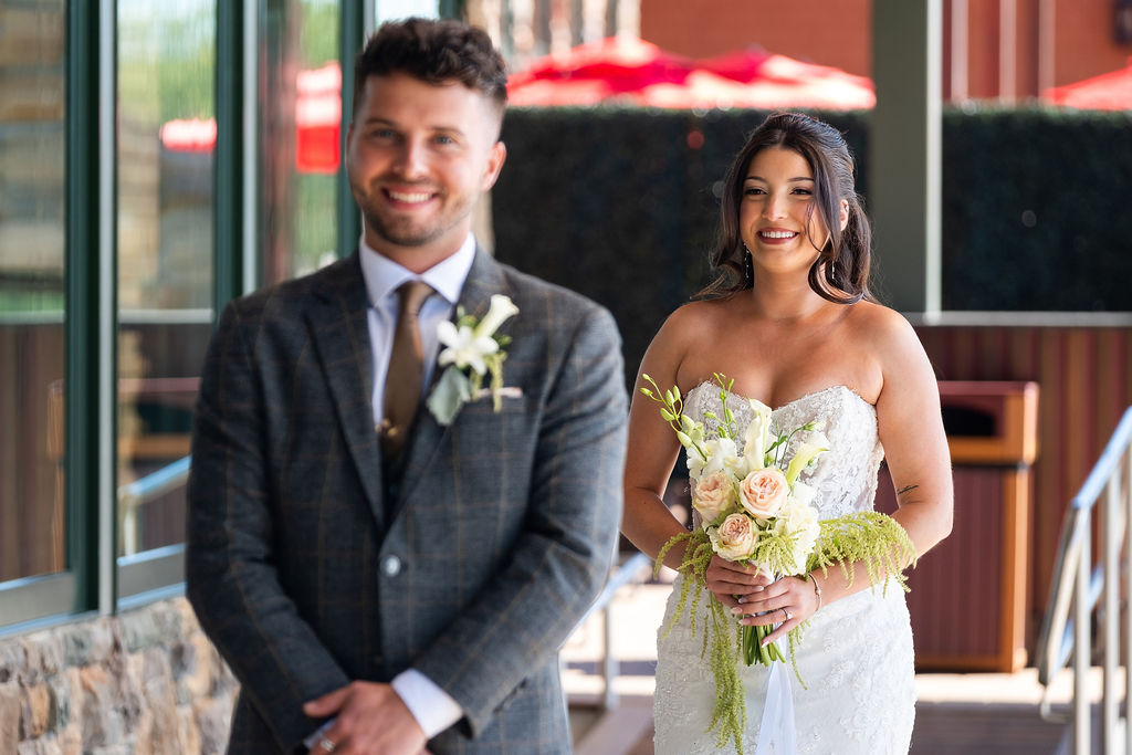 Life In Focus Maine Photographers, bride and groom share first look