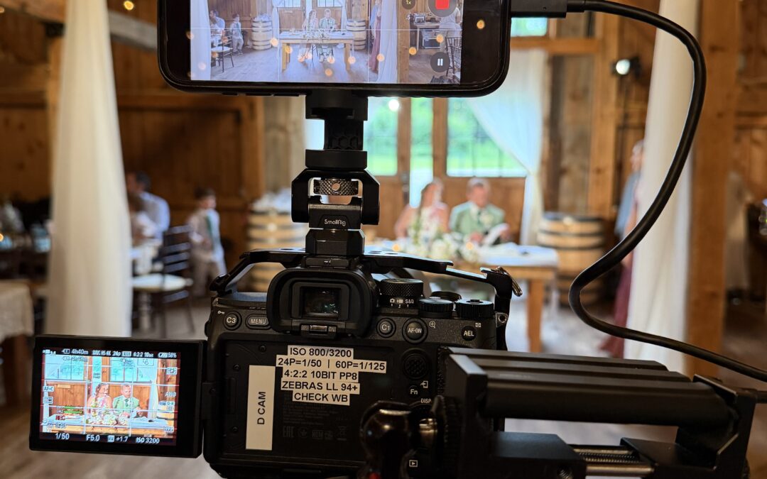 Life in Focus Wedding Videographer, image of a camera showing a wedding reception through screen